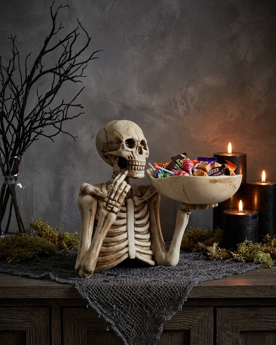 Skeleton Figurine Candy Bowl with Cracked Resin Dish – Halloween Decoration