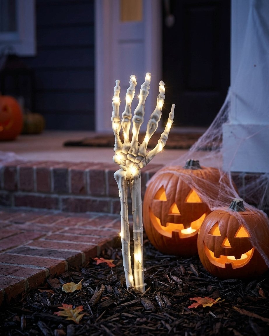 Skeleton Hand Garden Stake Lights with Warm White LEDs – Set of 2