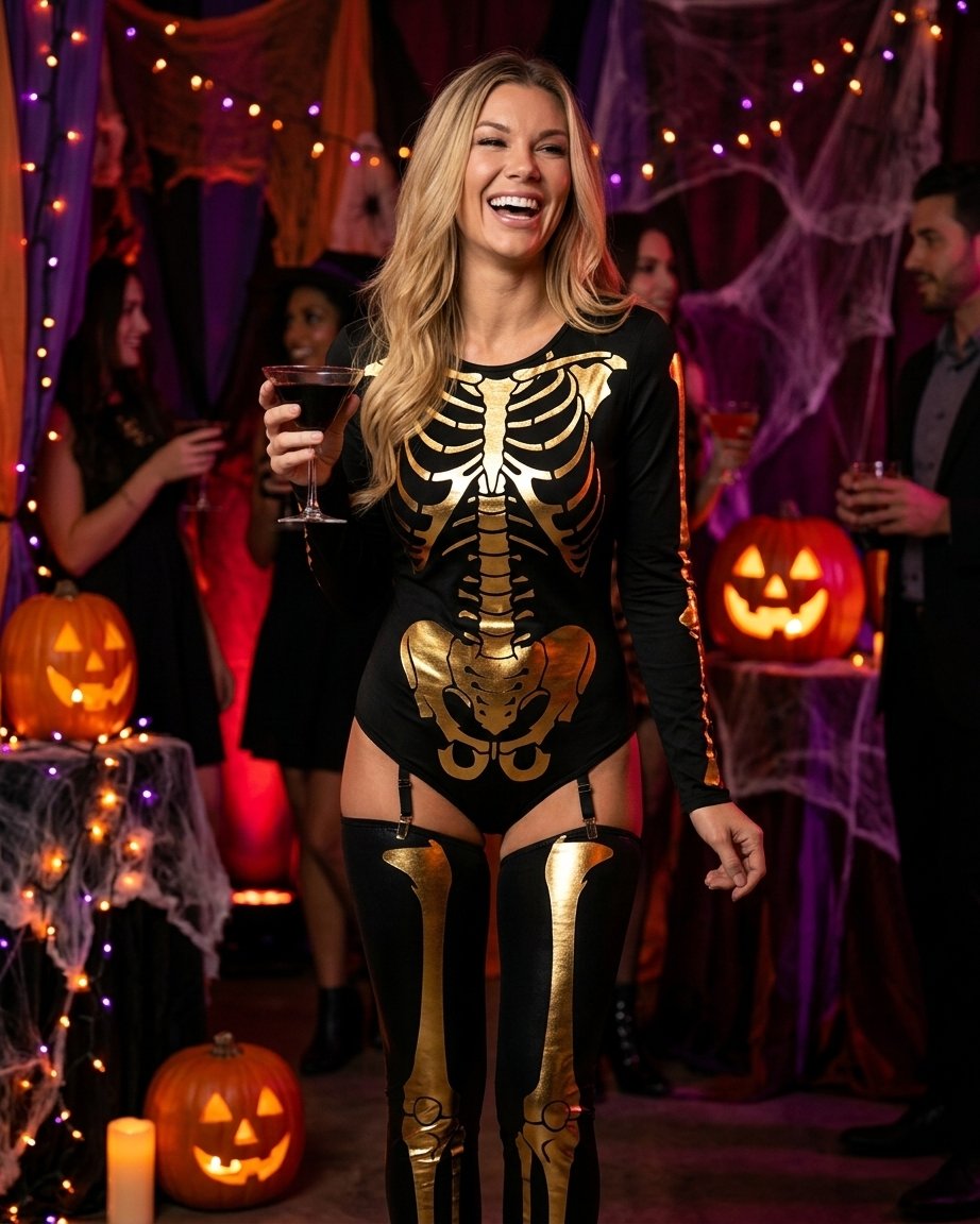 Skeleton Print Long-Sleeve Bodysuit with Thigh-High Leggings – Halloween Costume