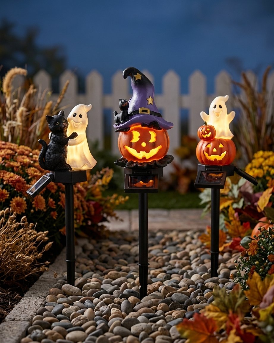 Solar-Powered Halloween Garden Stake Lights – Resin Pumpkin and Ghost Lanterns for Outdoor Use