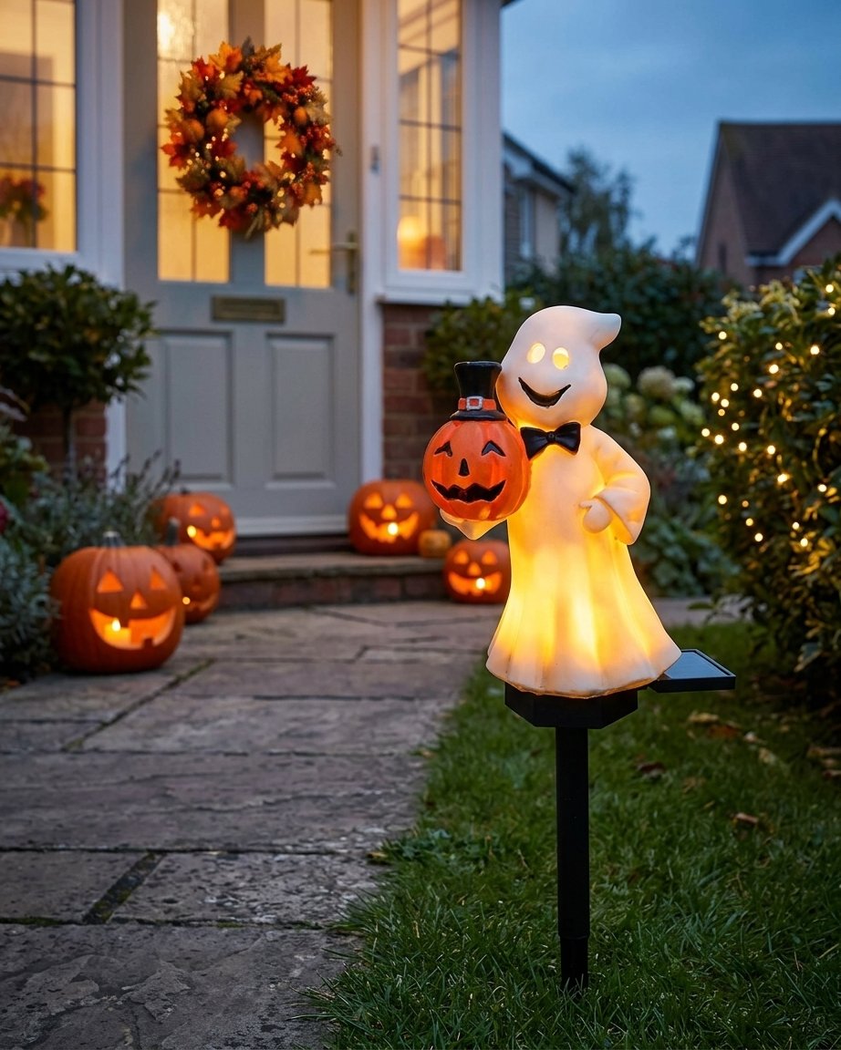 Solar-Powered Halloween Ghost Garden Stake Light with Pumpkin Figurine