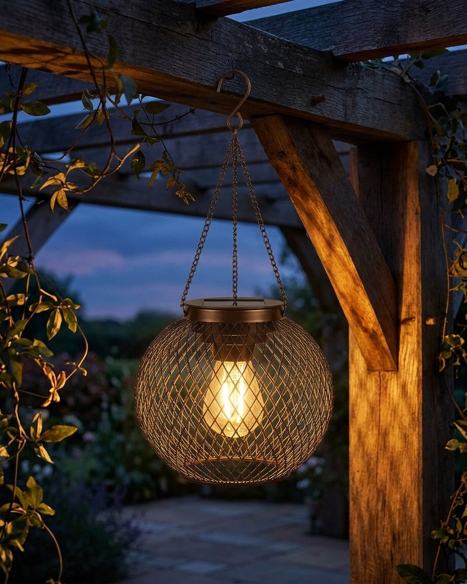 Solar-Powered Hanging Globe Lantern with Warm White LED – Black Metal Wire Mesh, Set of 2