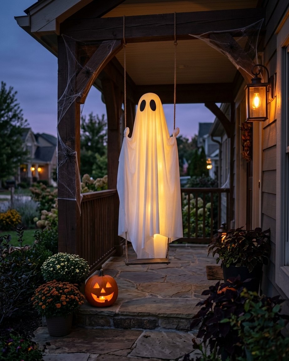 Swinging Ghost Halloween Decoration with LED Lights and Remote Control