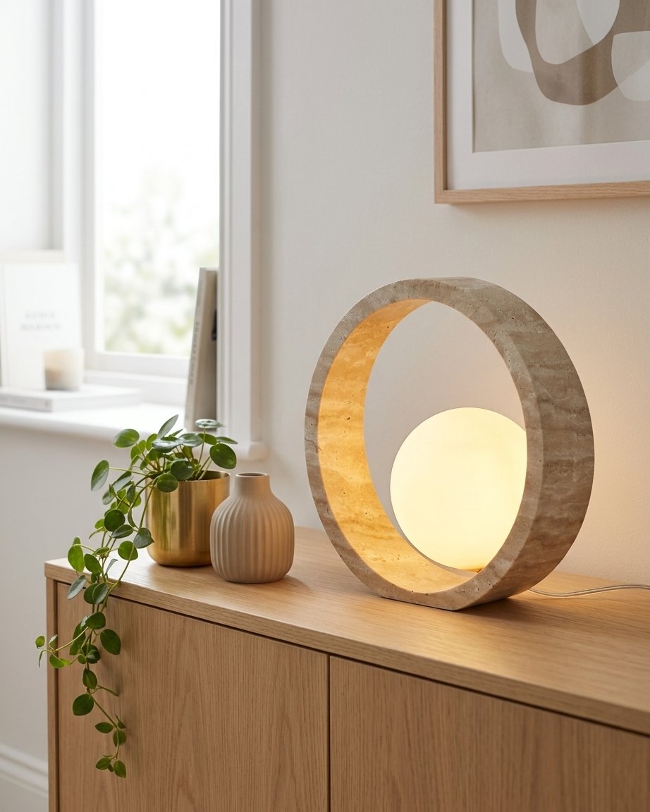 Travertine Ring Table Lamp with Frosted Glass Globe
