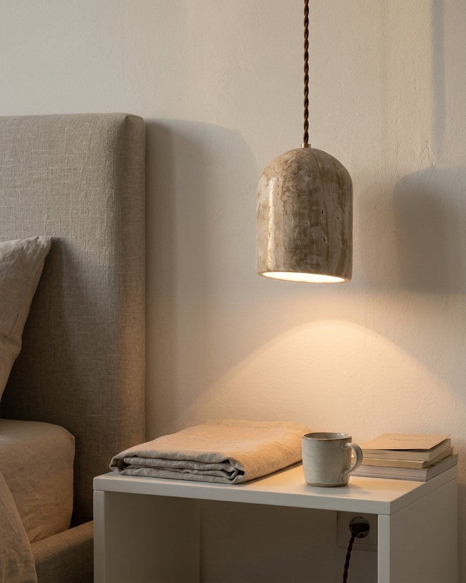 Travertine Stone Tilted Table Lamp with Twisted Cord – Wabi-Sabi Style