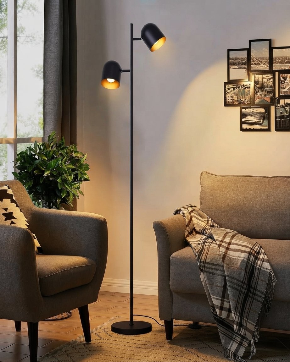 Twin-Spot Black & Gold Floor Lamp
