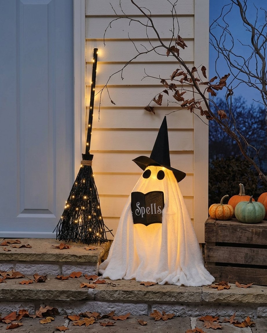 Wanda the Witch Ghost Outdoor LED Figure with Black Witches Broom Halloween Decoration Set