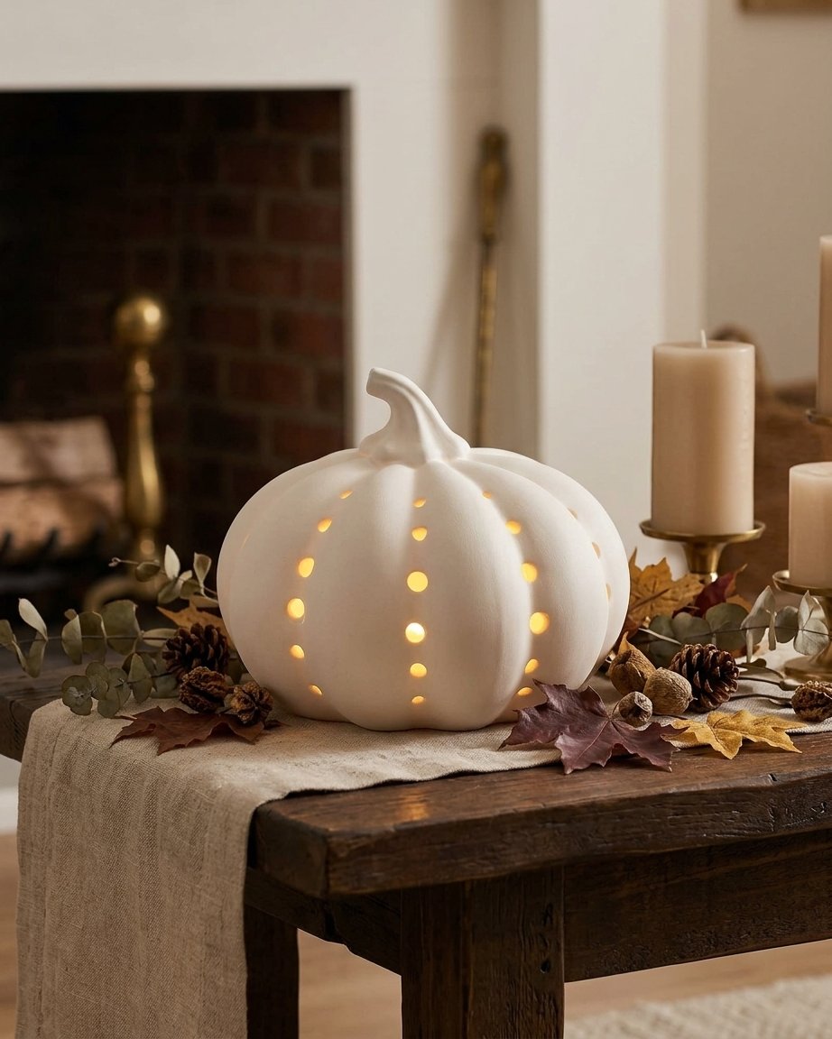White Ceramic Pumpkin LED Light with Timer