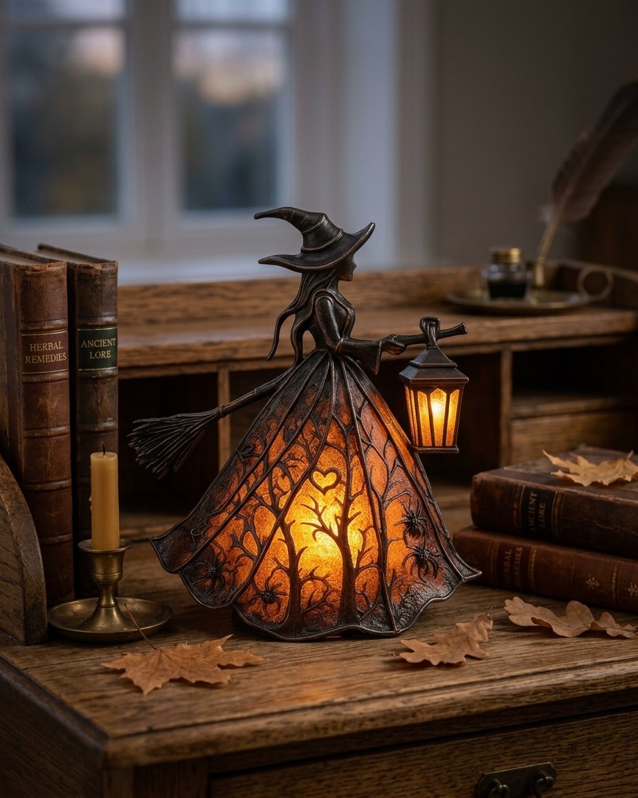Witch Silhouette Table Lamp with Warm Amber Glow and Stained Glass Dress Design