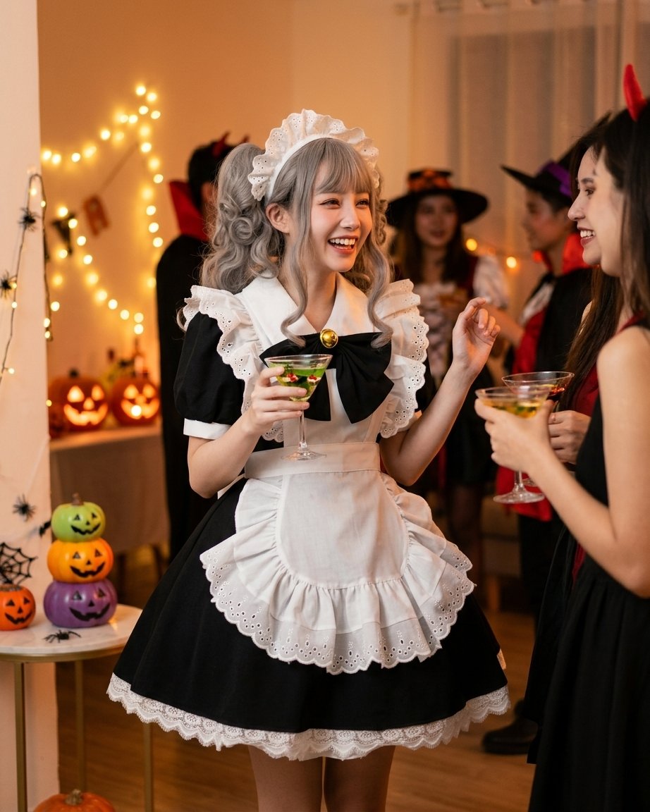 Women's French Maid Costume Dress with Apron, Puff Sleeves and Lace Trim — Sizes 6 to 28