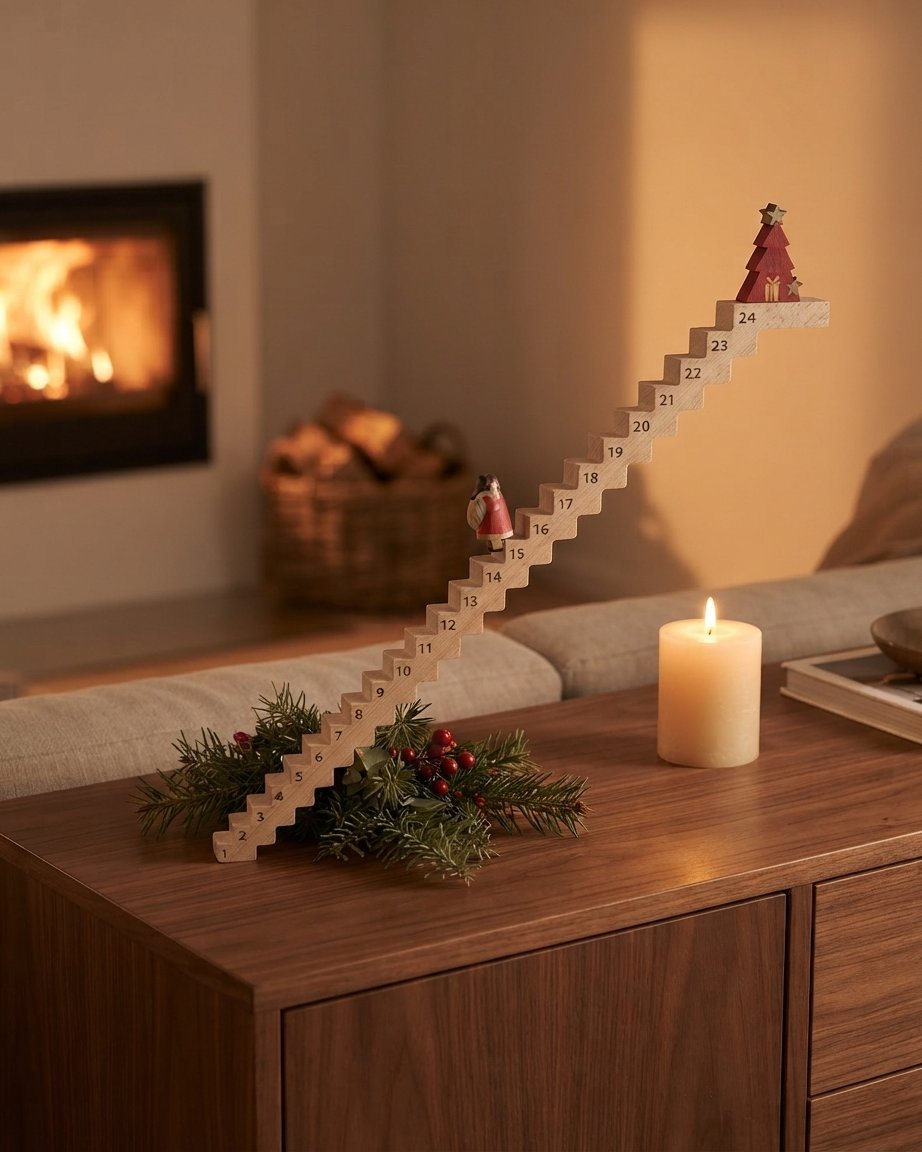 Wooden Advent Staircase with Santa Figurine