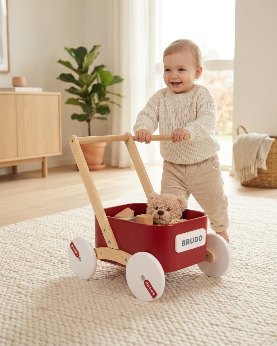 Wooden Baby Push Walker Wagon – Red