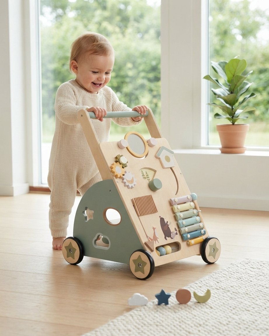 Wooden Baby Push Walker with Activity Board
