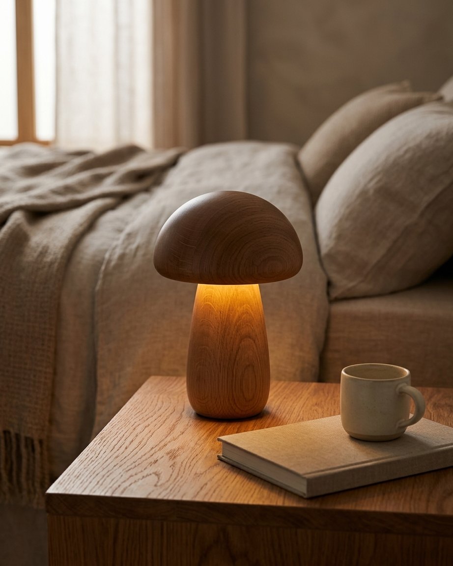 Wooden Mushroom Cordless LED Table Lamp with Warm Amber Glow