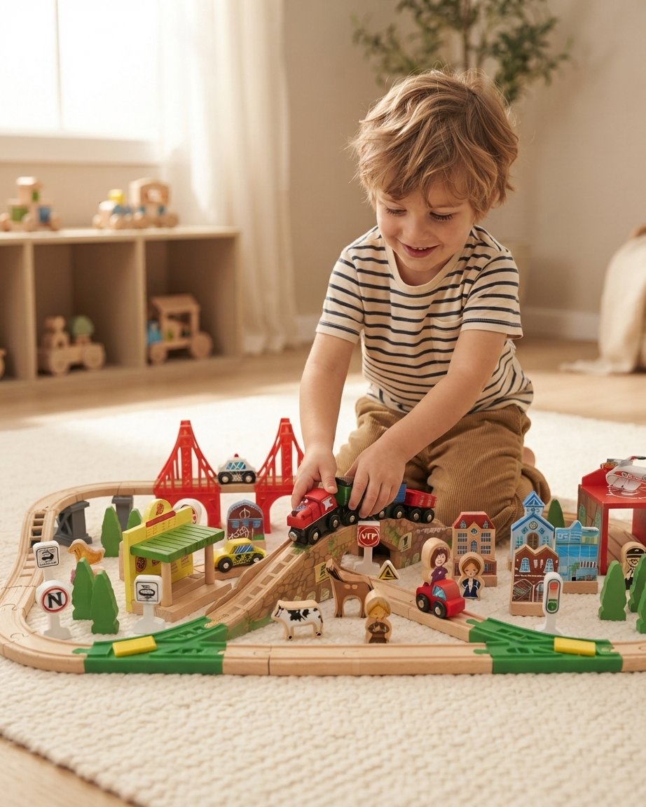 Wooden Railway Play Set with Bridges