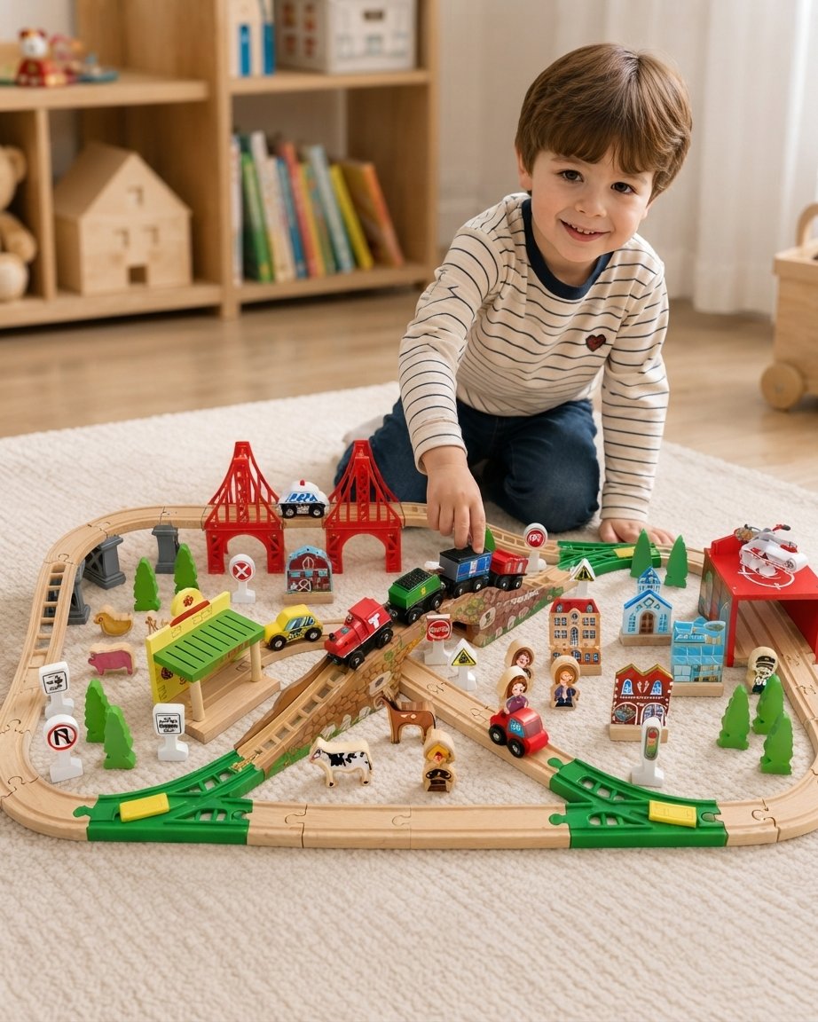 Wooden Town Train Set with Storage Box