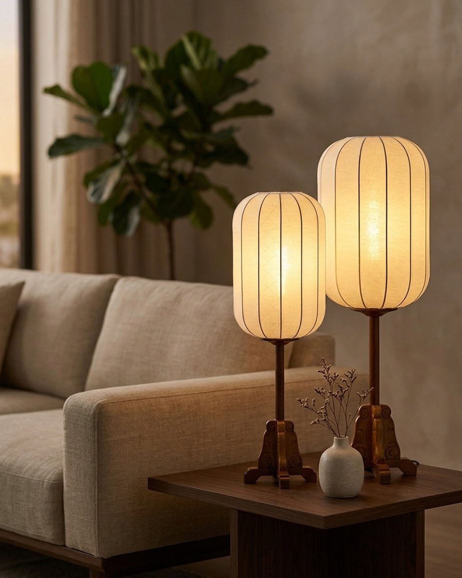 Zen Lantern Table Lamp with Hand-Knitted Fabric Shade and Carved Wooden Base