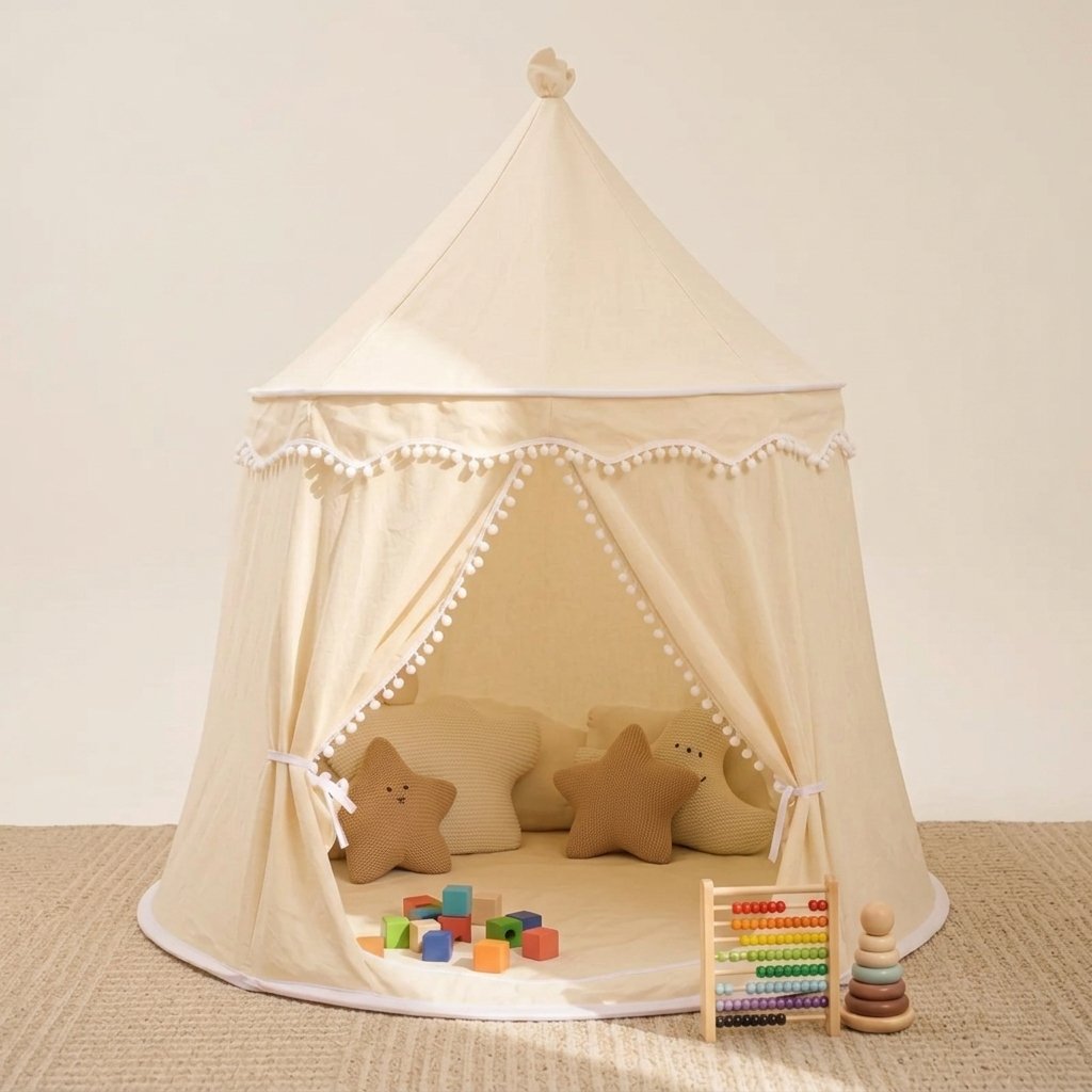 Kids Indoor Play Tent with Pom-Pom Trim — Beige Cotton