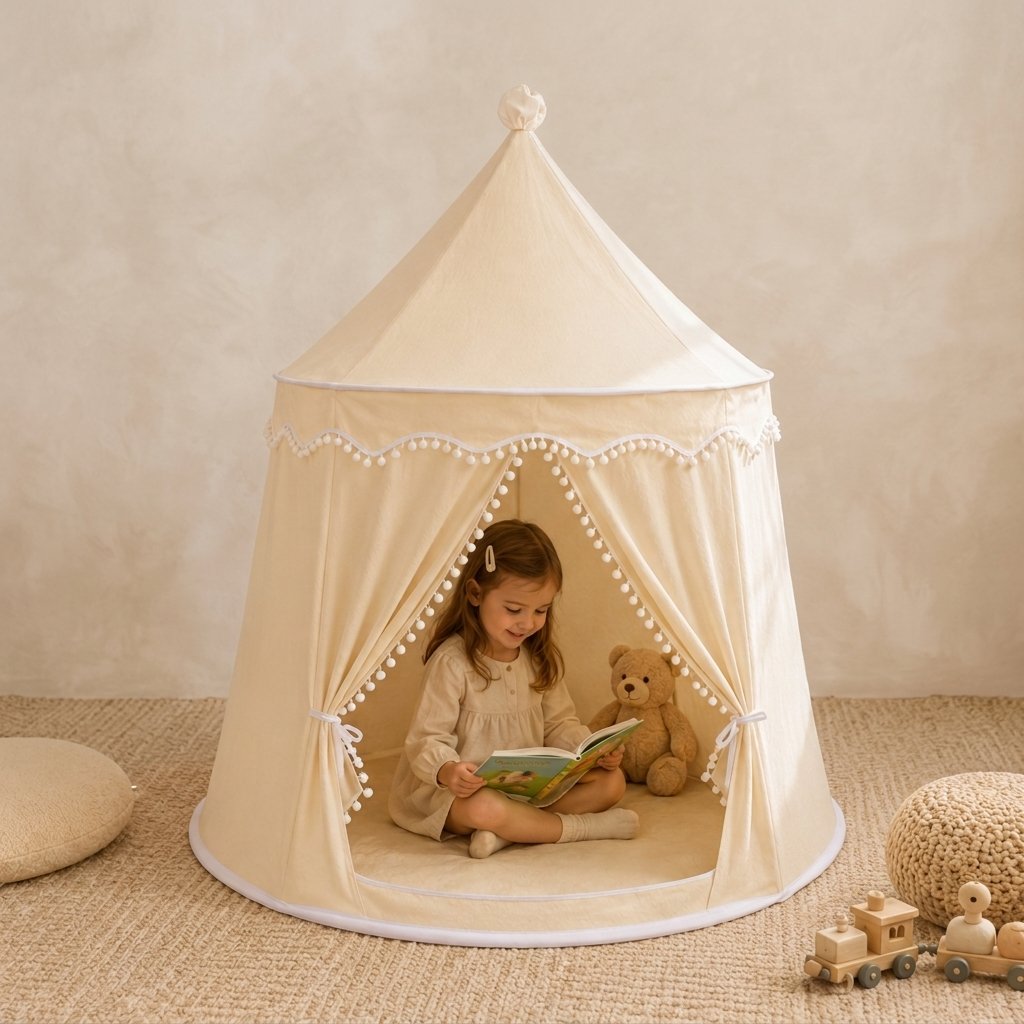 Kids Play Tent with Pom-Pom Trim — Beige Cotton