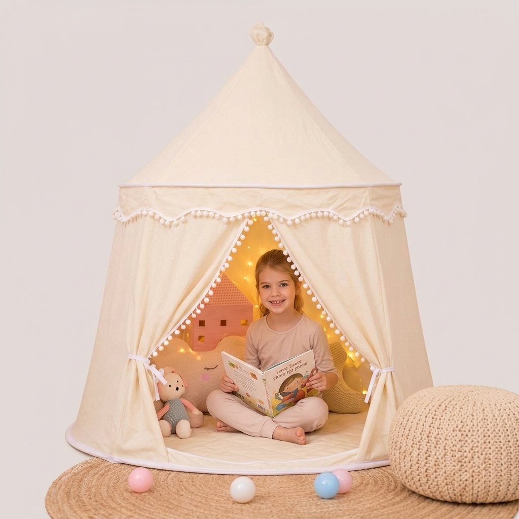 Princess Castle Play Tent with Pom-Pom Trim — Beige Cotton