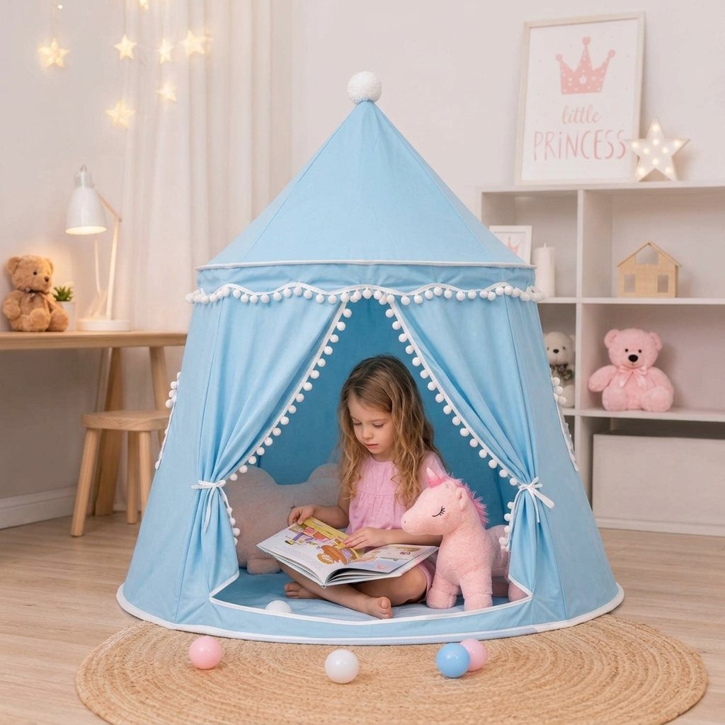 Kids Indoor Play Tent with Pom-Pom Trim — Light Blue