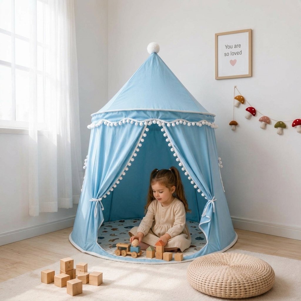 Kids Play Tent with Pom-Pom Trim — Light Blue