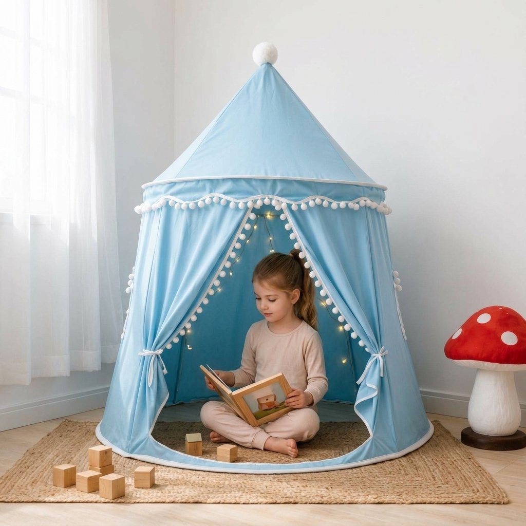 Princess Castle Play Tent with Pom-Pom Trim — Light Blue