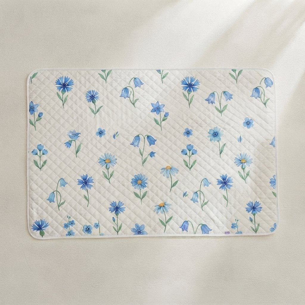 Quilted Waterproof Bed Protector Pad — Blue/Flowers