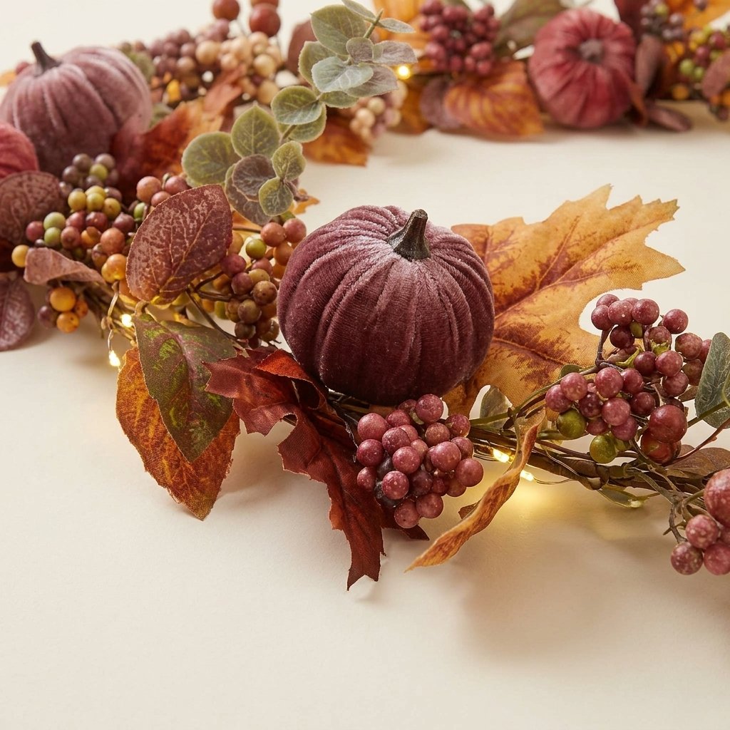 1.4m Pre-Lit Luxury Velvet Pumpkin Meadow Garland with 50 Micro LEDs