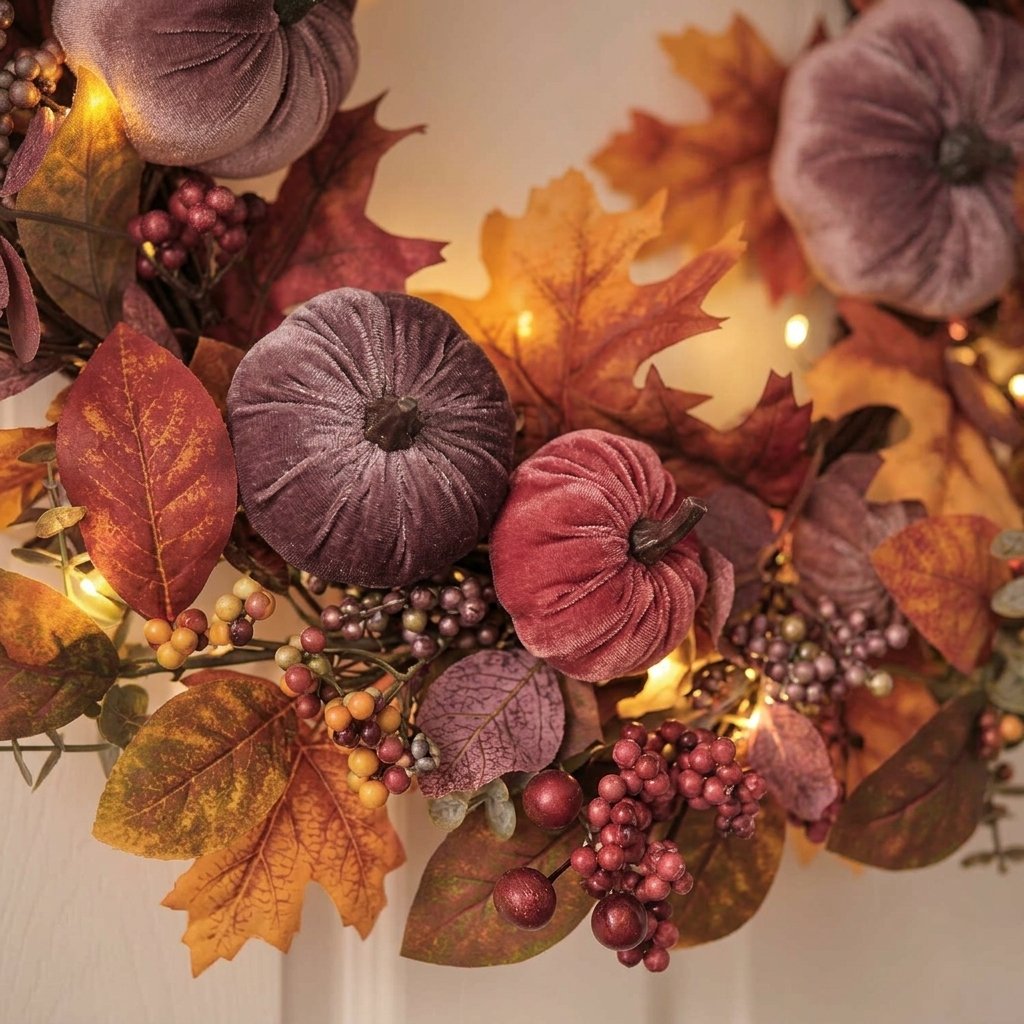 40 cm Pre-Lit Luxury Velvet Pumpkin Meadow Wreath with LED Lights