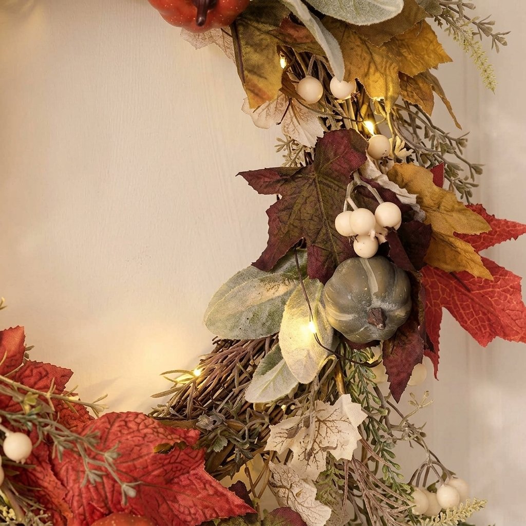 50 cm Pre-Lit Pumpkin Lane Autumn Wreath with 20 LED Lights and 6-Hour Timer