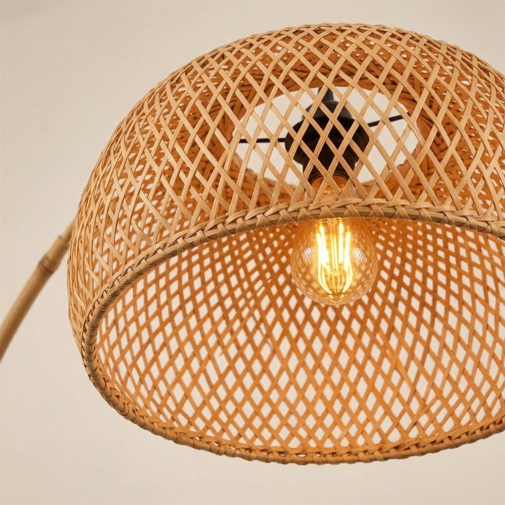 Adjustable Arc Floor Lamp with Hand-Woven Rattan Shade and Marble Base