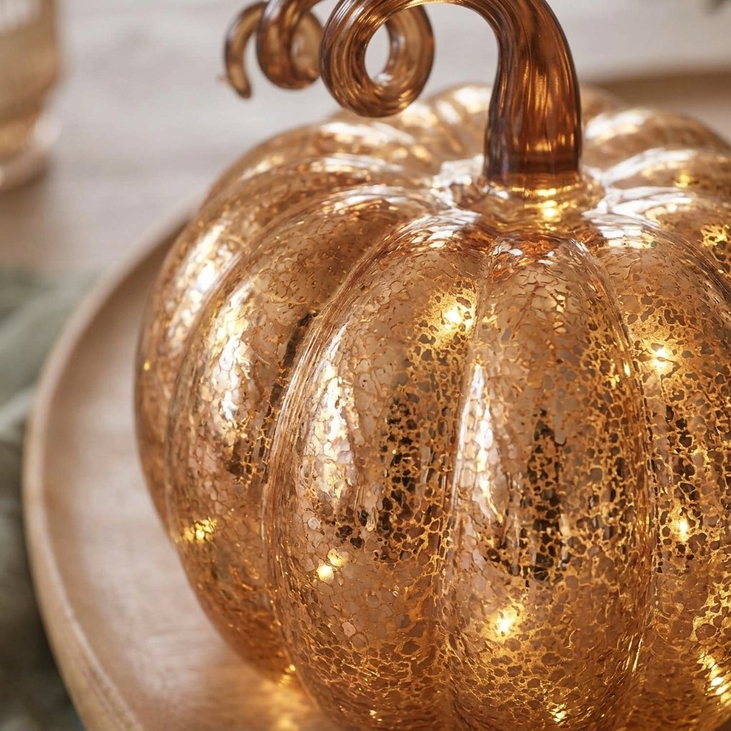 Amber Mercury Glass Light-Up Pumpkin Decoration with LED Fairy Lights