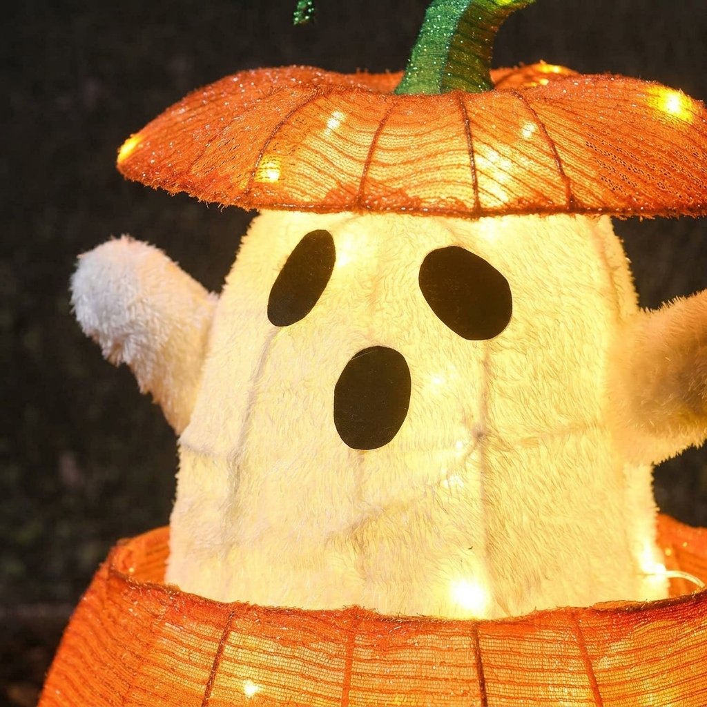 Animated Light-Up Ghost in a Pumpkin Halloween Decoration with 35 Warm White LEDs