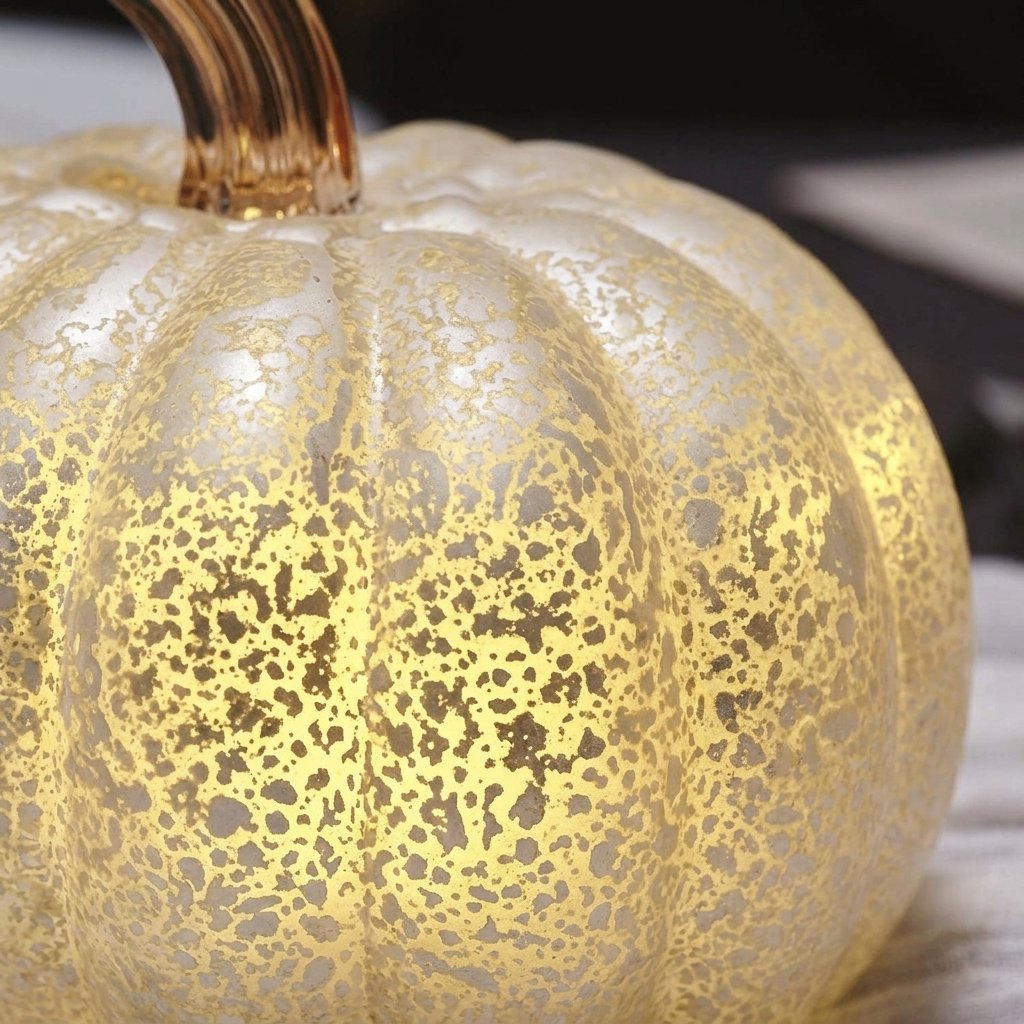 Antique White Glass Pumpkin with Warm LED Light and Amber Stem