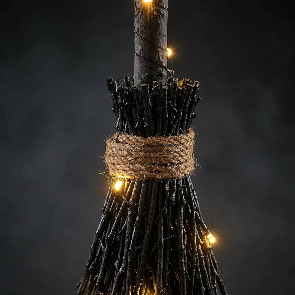 Black Witch's Broom Outdoor LED Halloween Decoration with 50 Warm White Lights and Timer