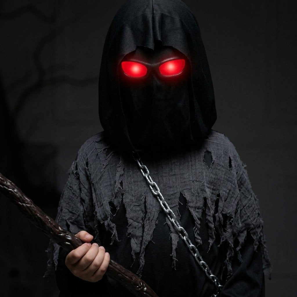 Children's Grim Reaper Halloween Costume Set with Glowing Red Eyes and Toy Scythe