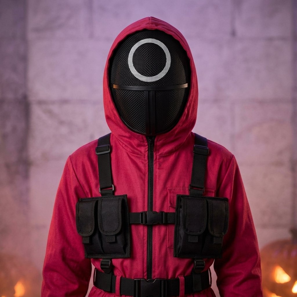 Children's Red Hooded Jumpsuit Halloween Costume with Mesh Mask, Gloves and Shoulder Holster