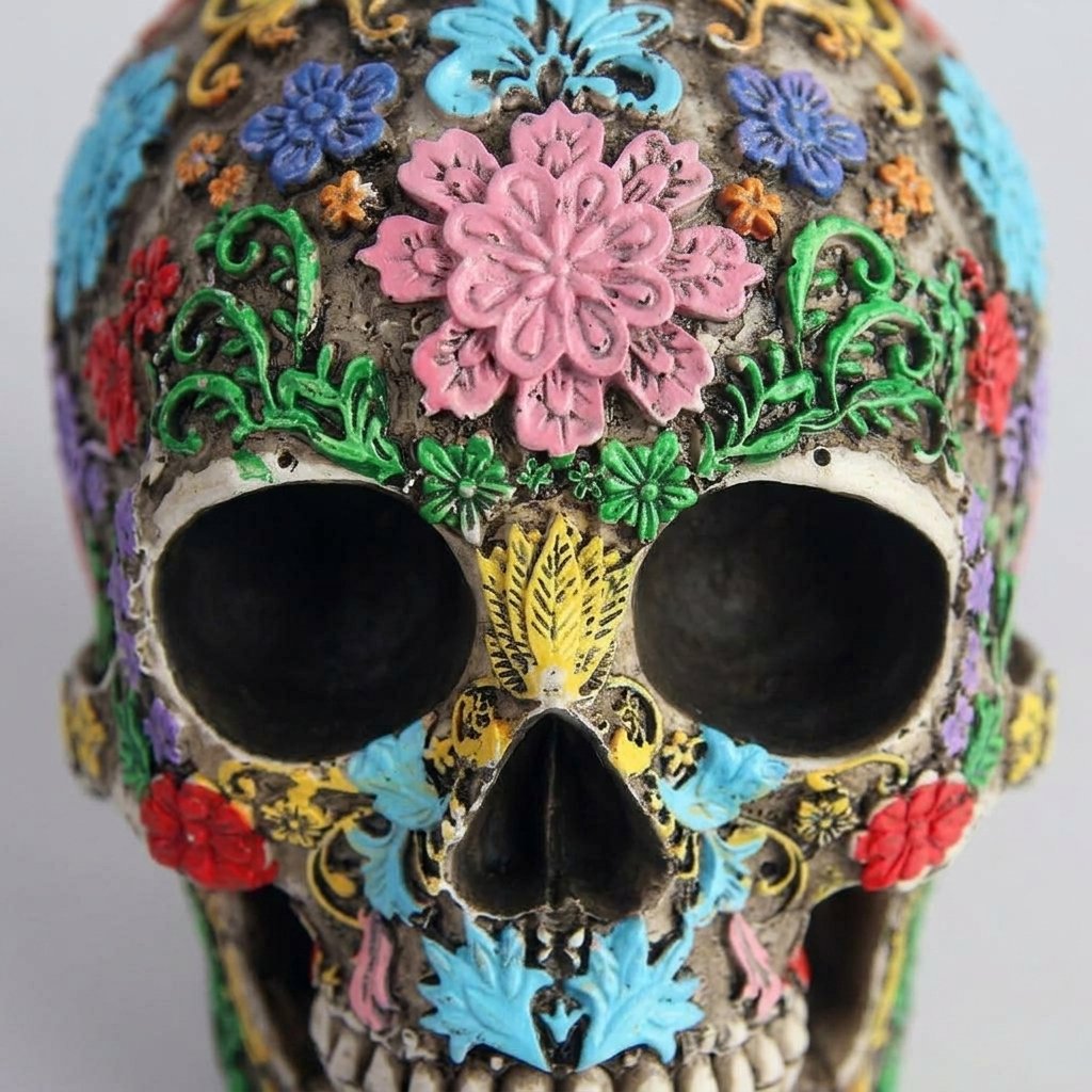 Colourful Floral Resin Skull Ornament with Raised Vine Detail