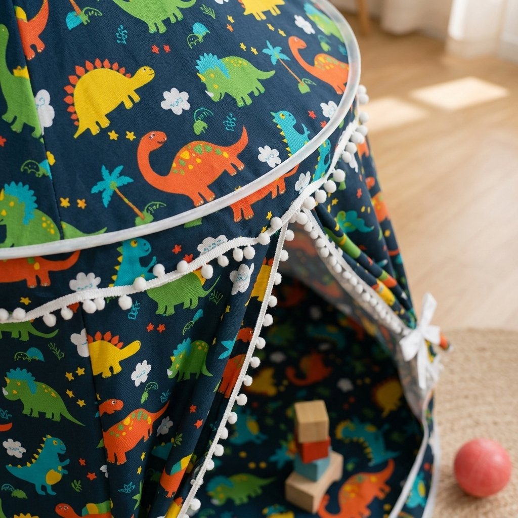 Dinosaur Kids Play Tent with Pom-Pom Trim