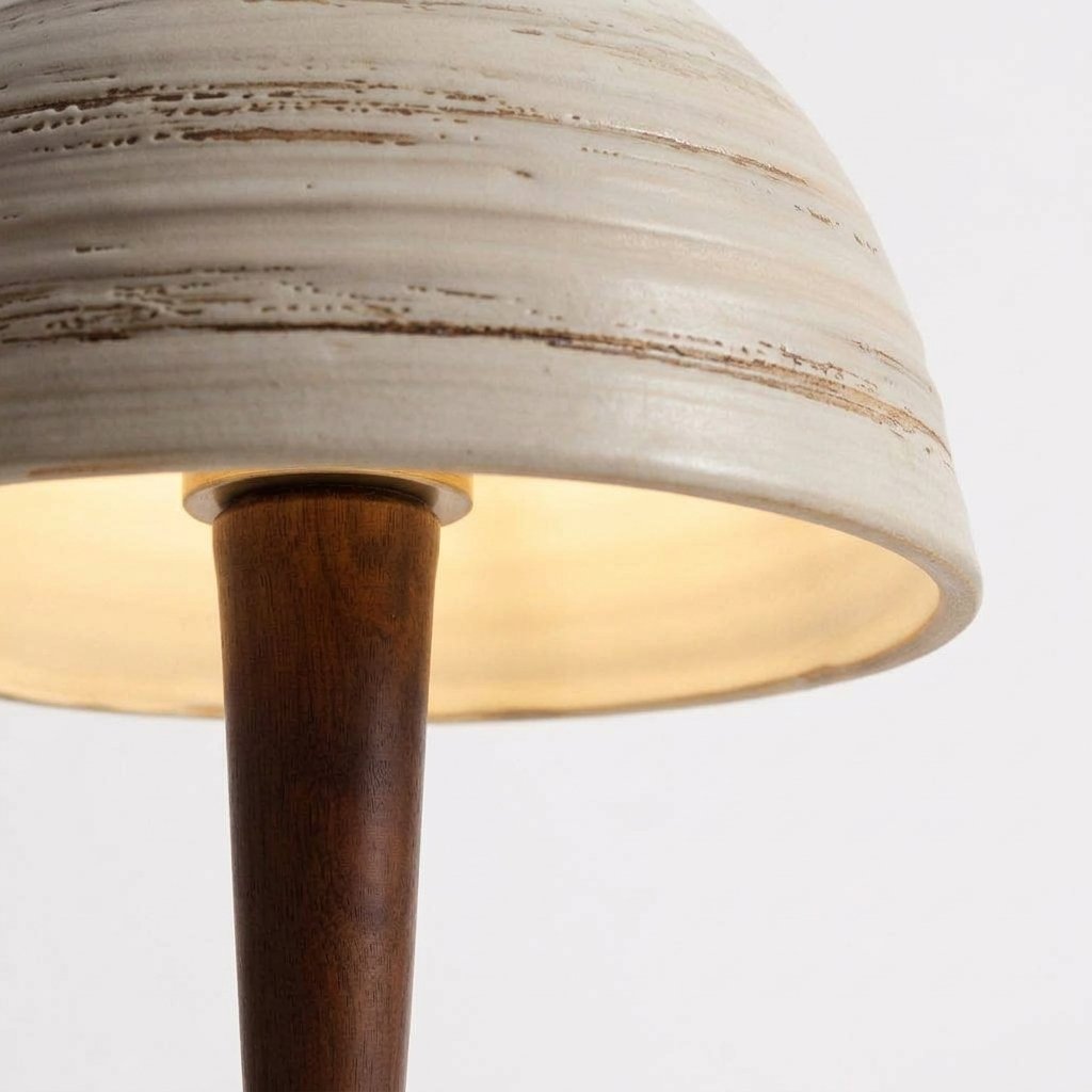 Dome Ceramic and Solid Wood Table Lamp with Ribbed Shade