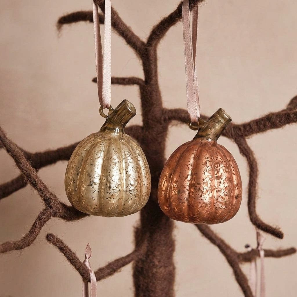 Felt Twig Tree and Hanging Glass Pumpkin Decorations Bundle