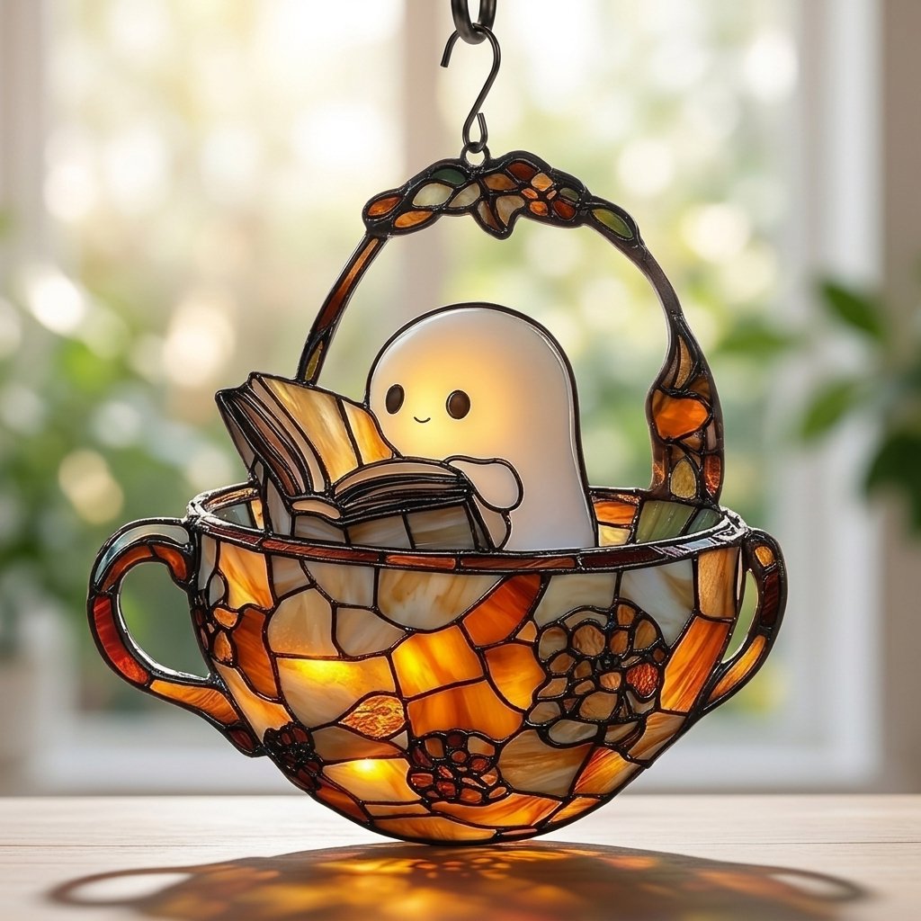 Ghost in a Teacup Stained-Glass Style Suncatcher with Book Design – Hanging Window Decoration