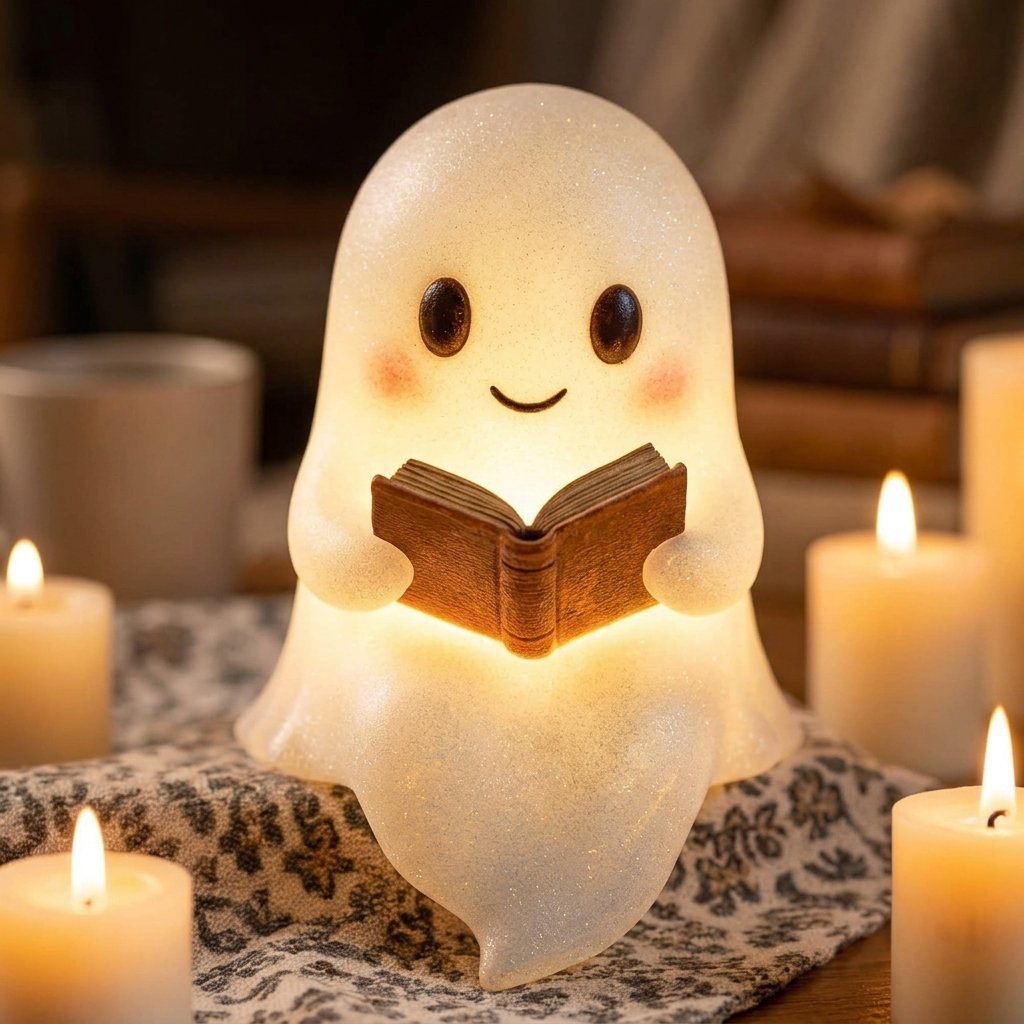 Ghost Reading Book Lamp – Halloween Resin Figurine