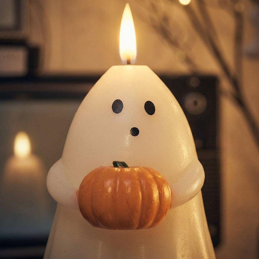 Ghost with Pumpkin Flickering LED Wax Candle