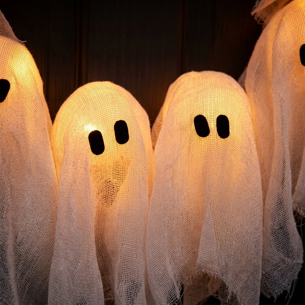 Ghost Wreath with LED Lights, Halloween Door Decor