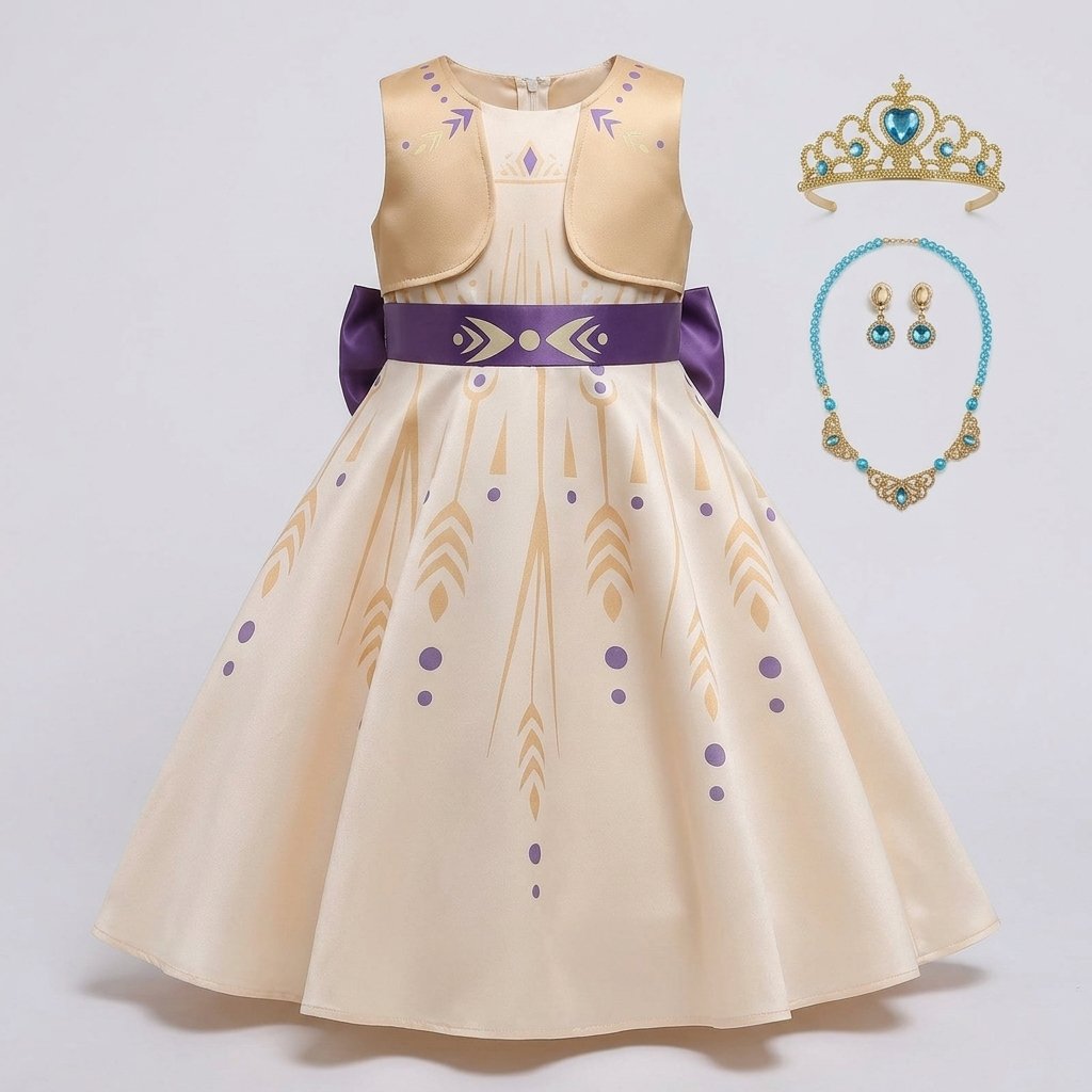 Girls' Princess Costume Dress with Tiara, Sceptre and Accessories – Cream and Purple