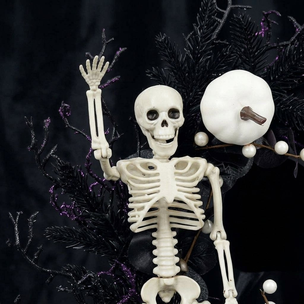 Gothic Halloween Skeleton Wreath with Faux Pumpkins and Black Branches