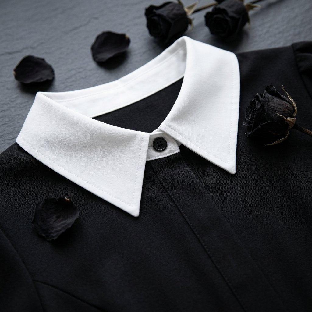 Gothic Schoolgirl Costume Dress with White Pointed Collar and Long Sleeves