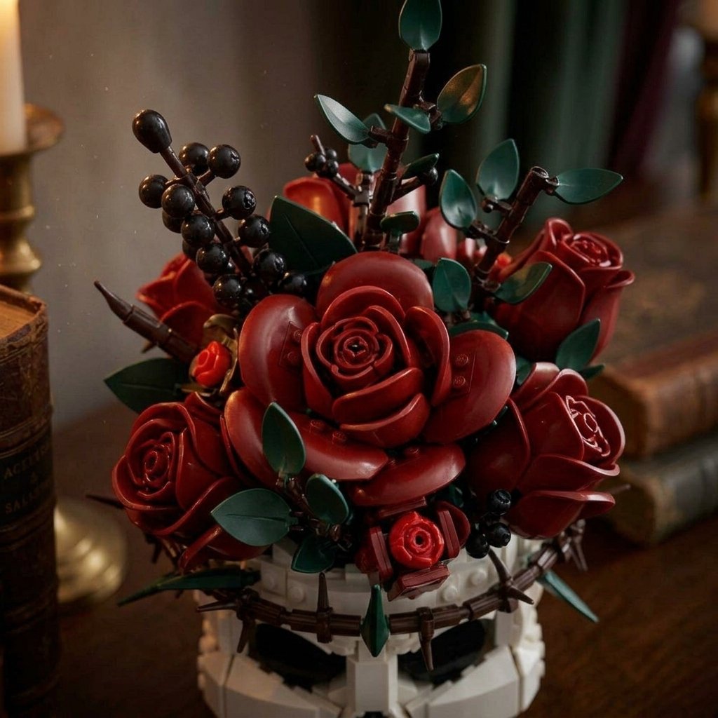 Gothic Skull Flower Arrangement with Roses